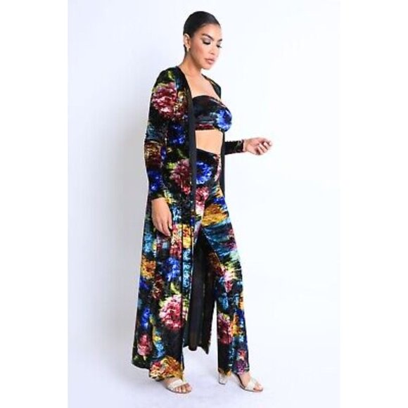 Tops - Women's Floral Print Velvet Crop Top Bandeau Pants And Long Cardigan 3 Piece Set